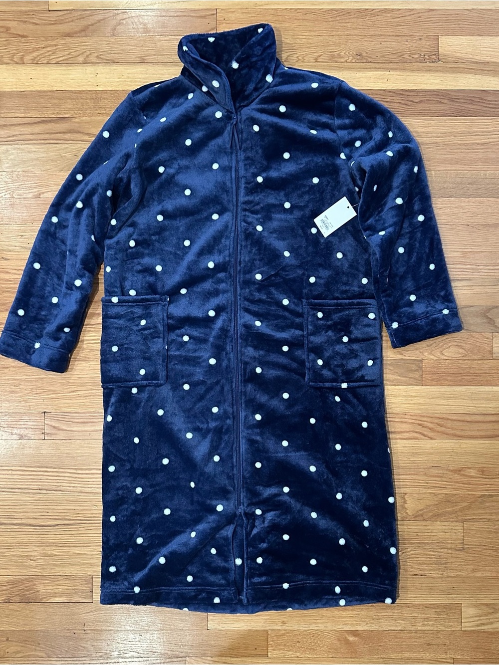 Navy Blue Dot Fleece - Plush Zip Front house coat